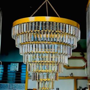 tiered modern gold chandelier with hanging glass