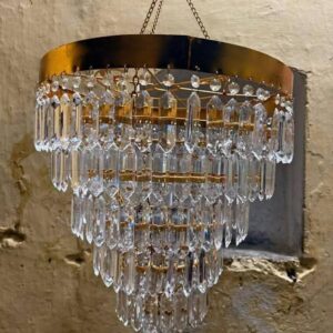 gold-finished, tiered crystal waterfall chandelier